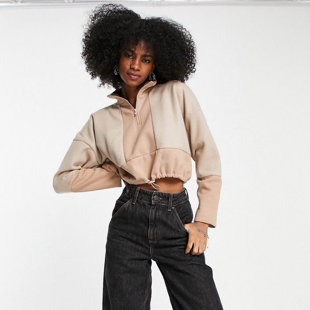 topshop  cropped fleece panel mock neck half zip pullover in stone, size us 4-6